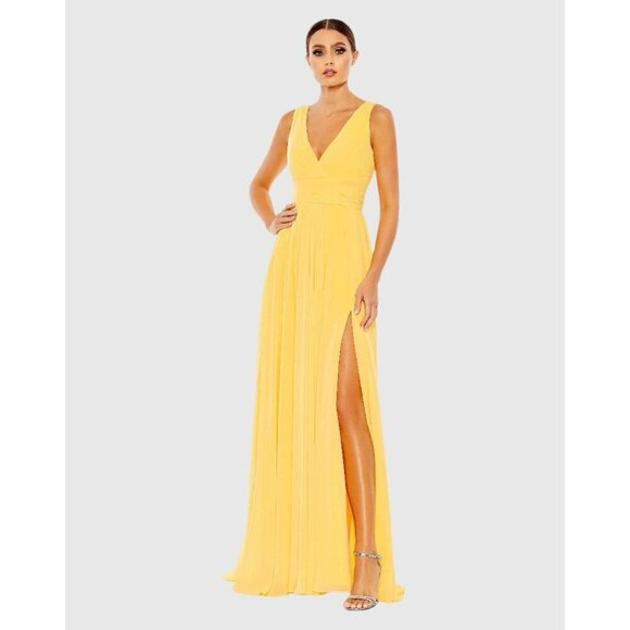 New MAC DUGGAL Size 18 Evening Gown Yellow Chiffon Sleeveless Wrap Formal Dress - Picture 1 of 13